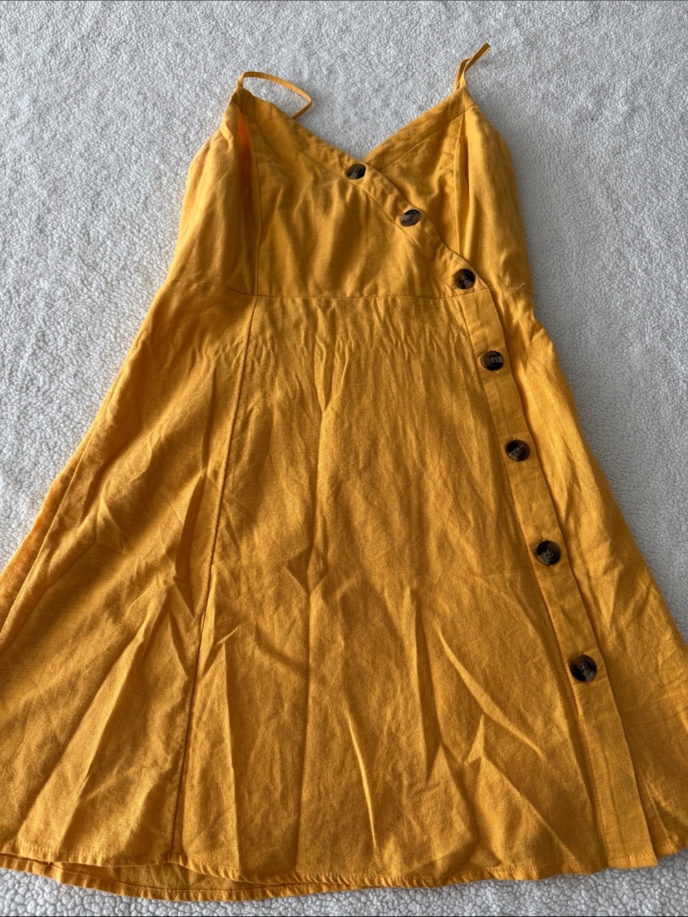 Mustard Yellow Button-Accent Spaghetti Strap Dress